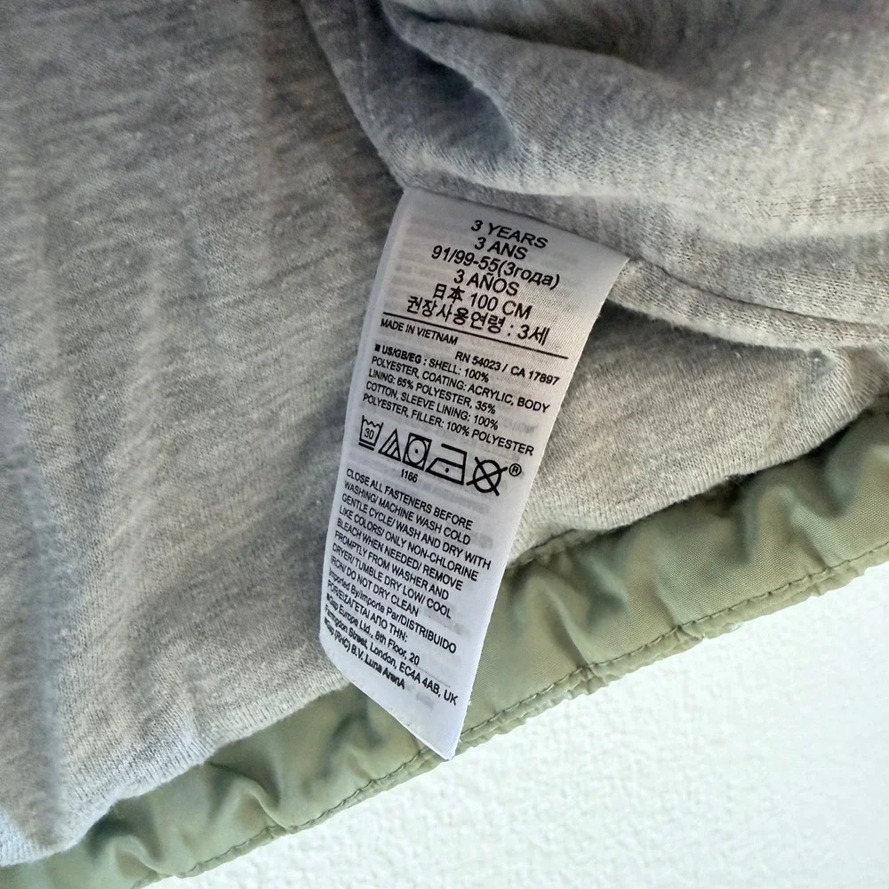 Baby Gap Toddler Sage Green Onion Quilted Button Front Puffer Jacket 3 Years
